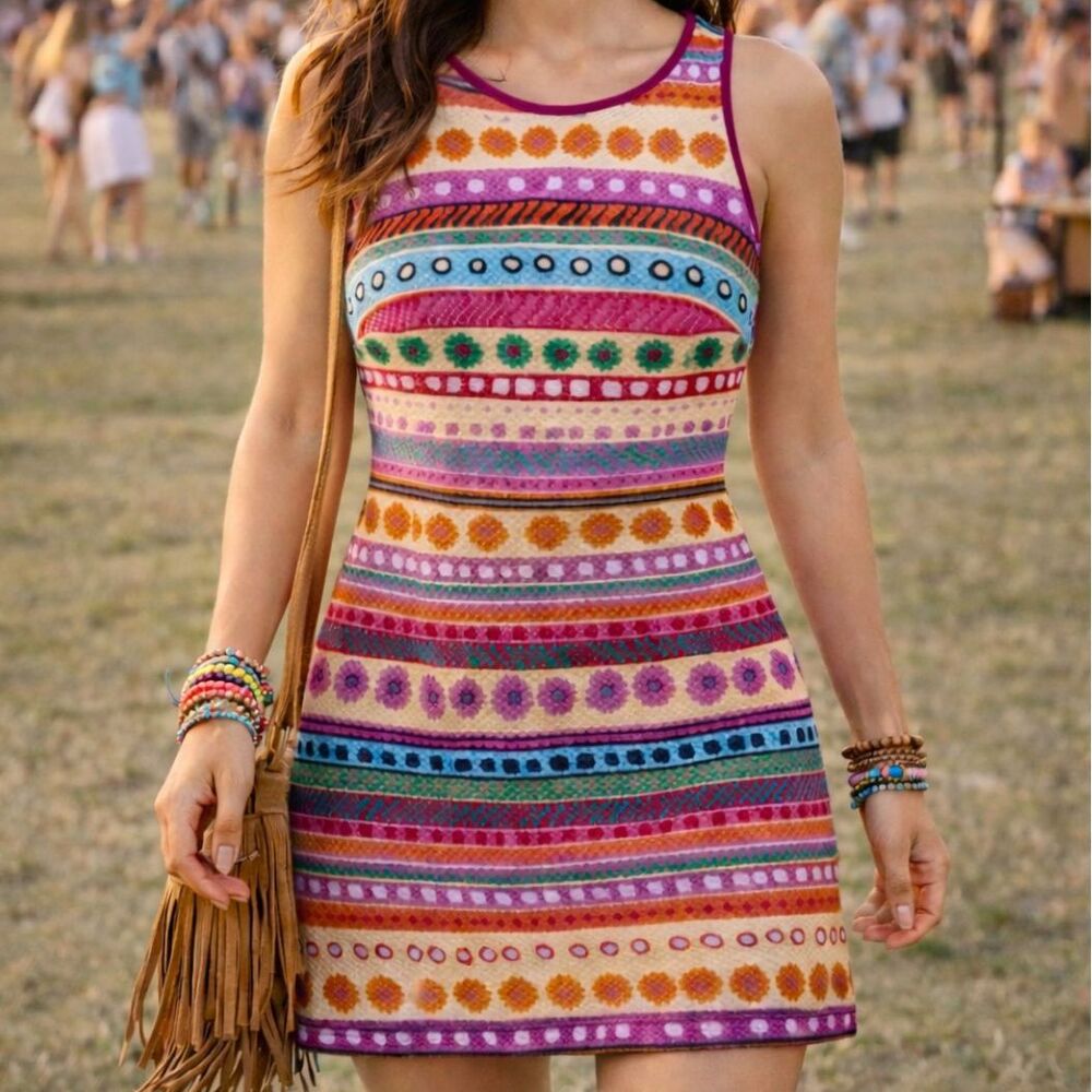 Talbots Multicolor Tribal Knit Mini Dress Size 2 Boho Festival Pink Turquoise